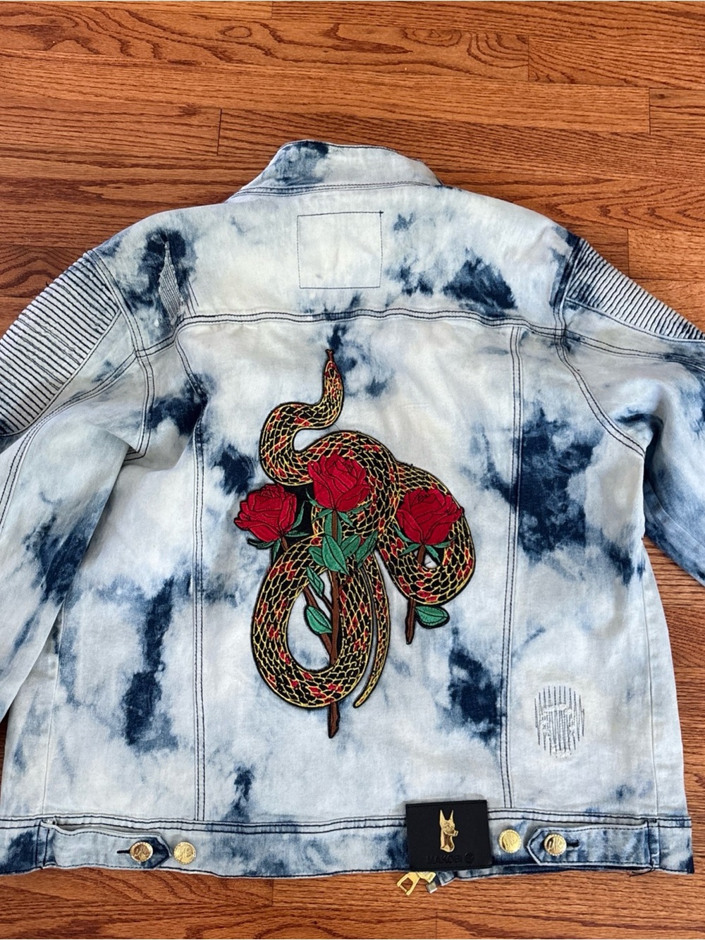 Rare- Makobi Denim Jacket Moto Style Embroidered Snake Rose Sz XL